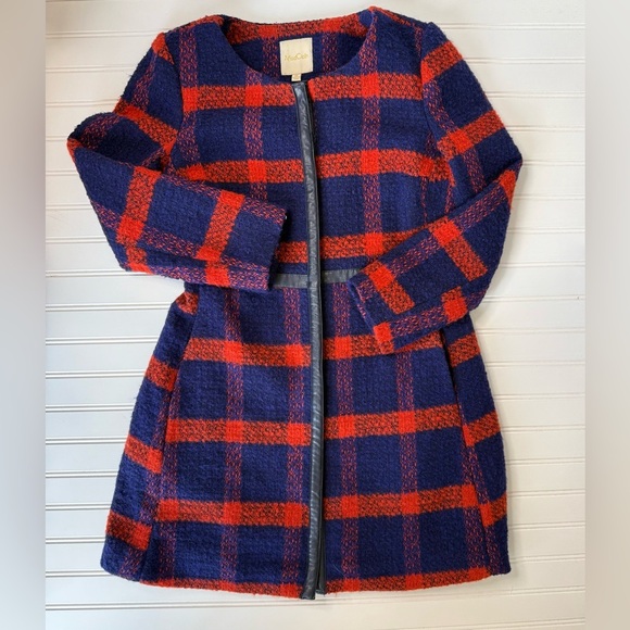 ModCloth Navy Blue Orange Wool Blend Plaid Coat Womens Medium - Picture 2 of 4
